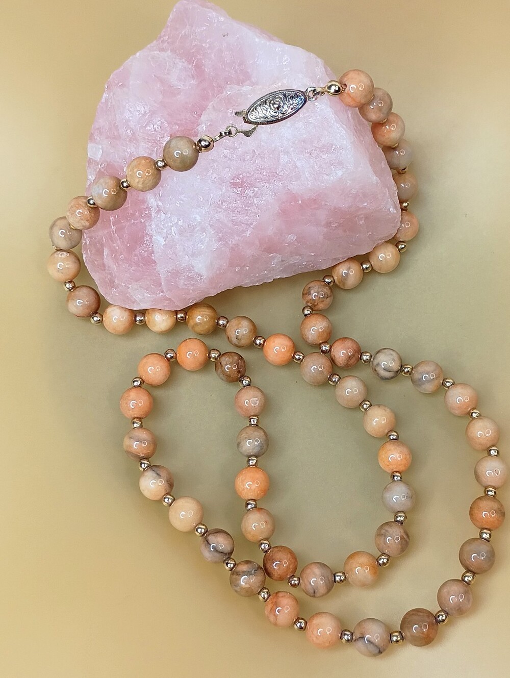 Beaded Peach Agate Necklace with Gold Accent Beads